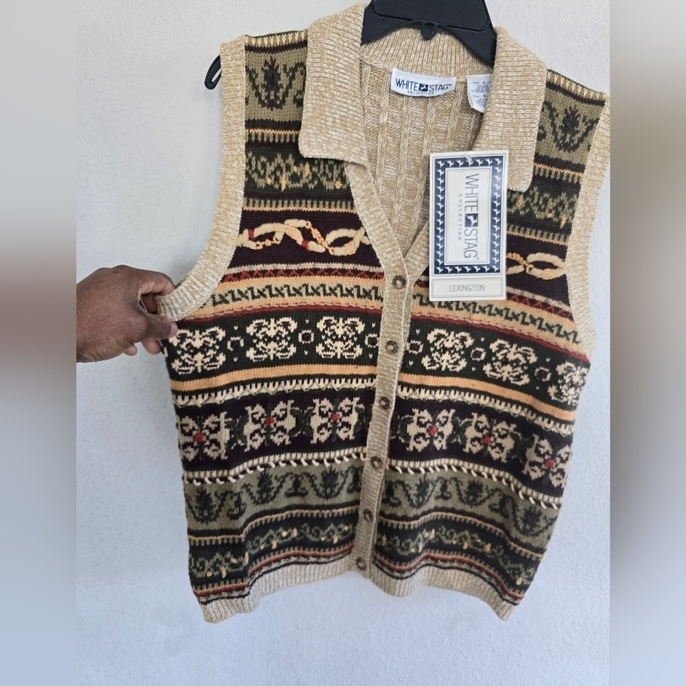 VTG White Stag Sweater Vest Women L Button Up Collared Nordic Boho Artsy… - Picture 7 of 11